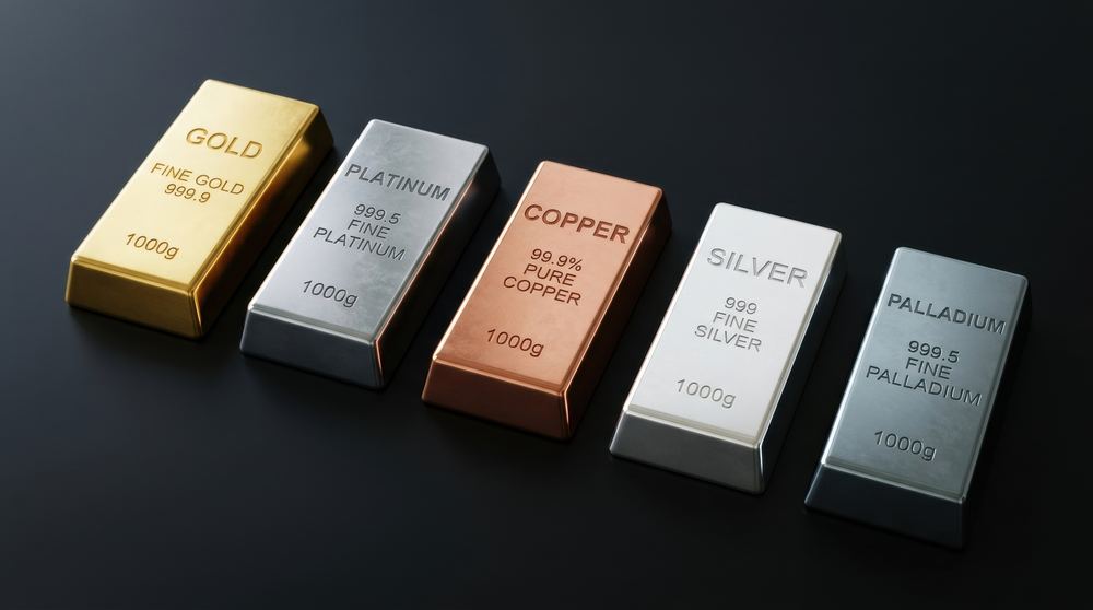 Vijf baren naast elkaar: goud, platina, koper, zilver en palladium