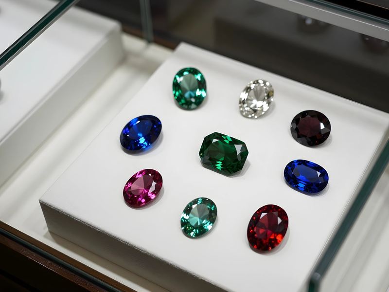 Geslepen edelstenen in verschillende kleuren in een vitrine