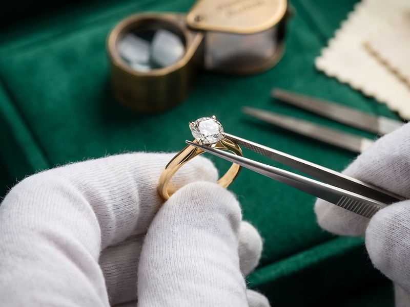 Gouden ring met diamant, vastgehouden met een pincet