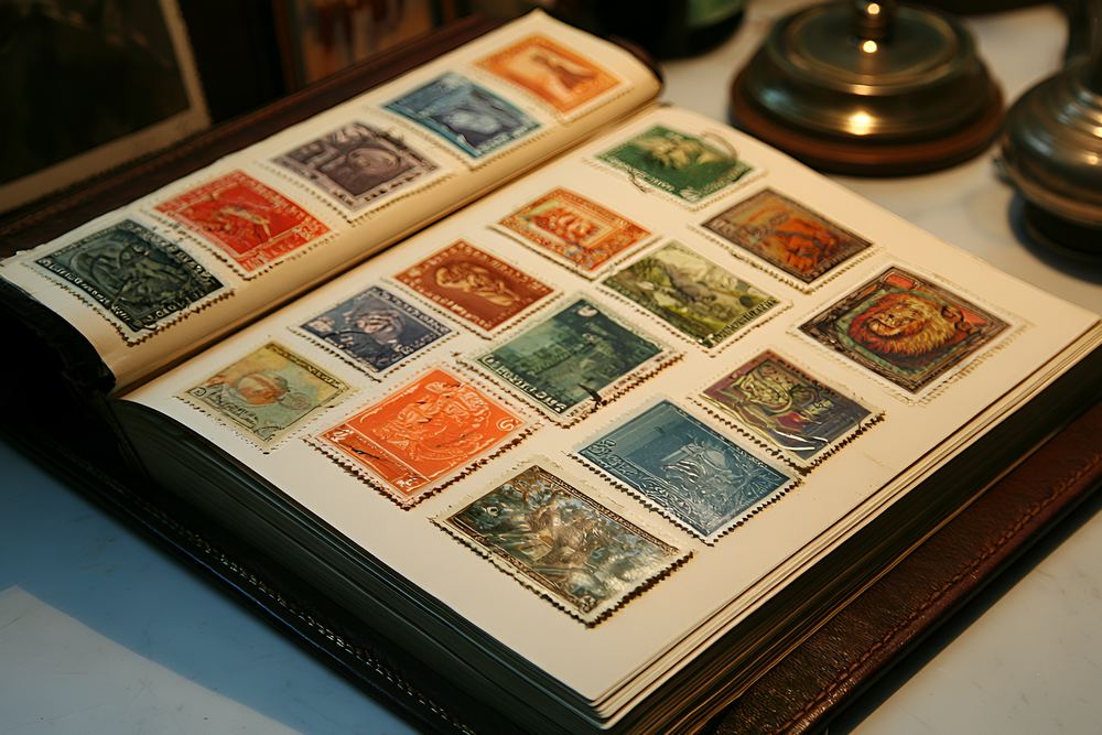 Opengeslagen postzegelalbum met kleurrijke postzegels