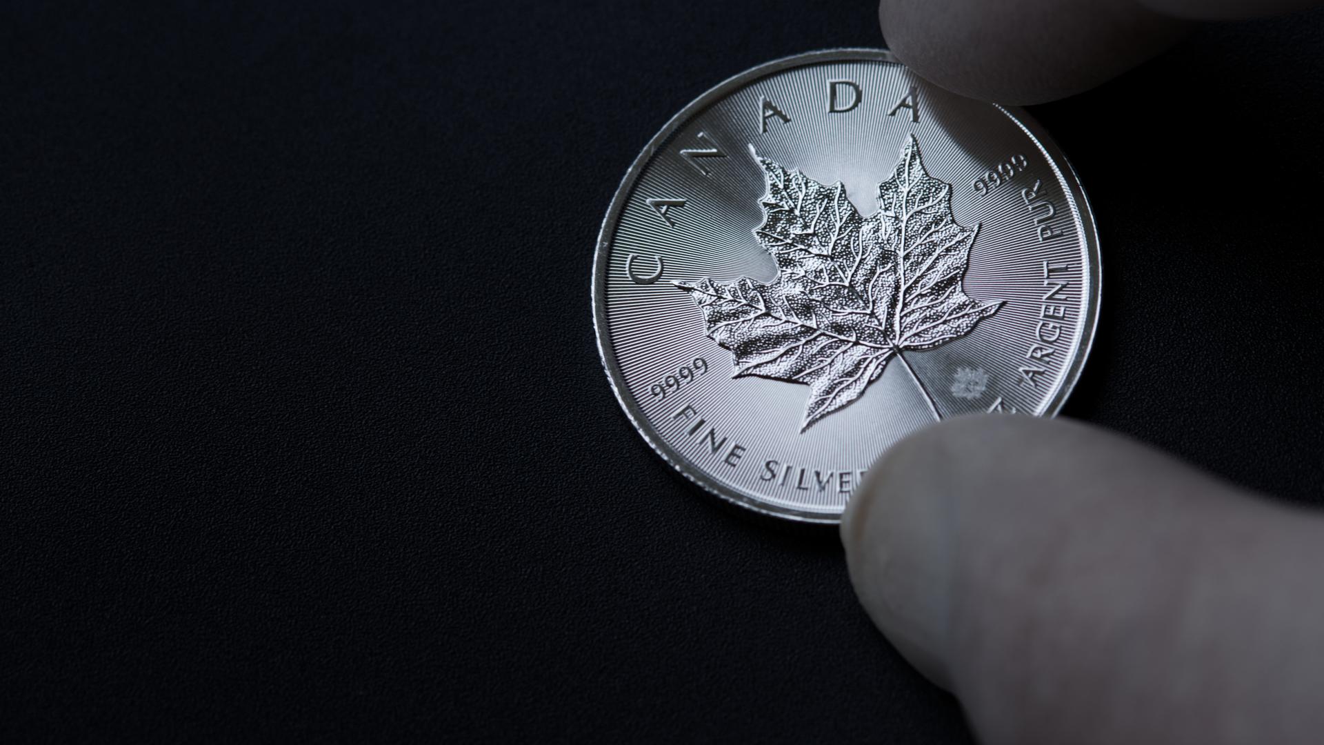 Zilveren Maple Leaf munt tussen twee vingers